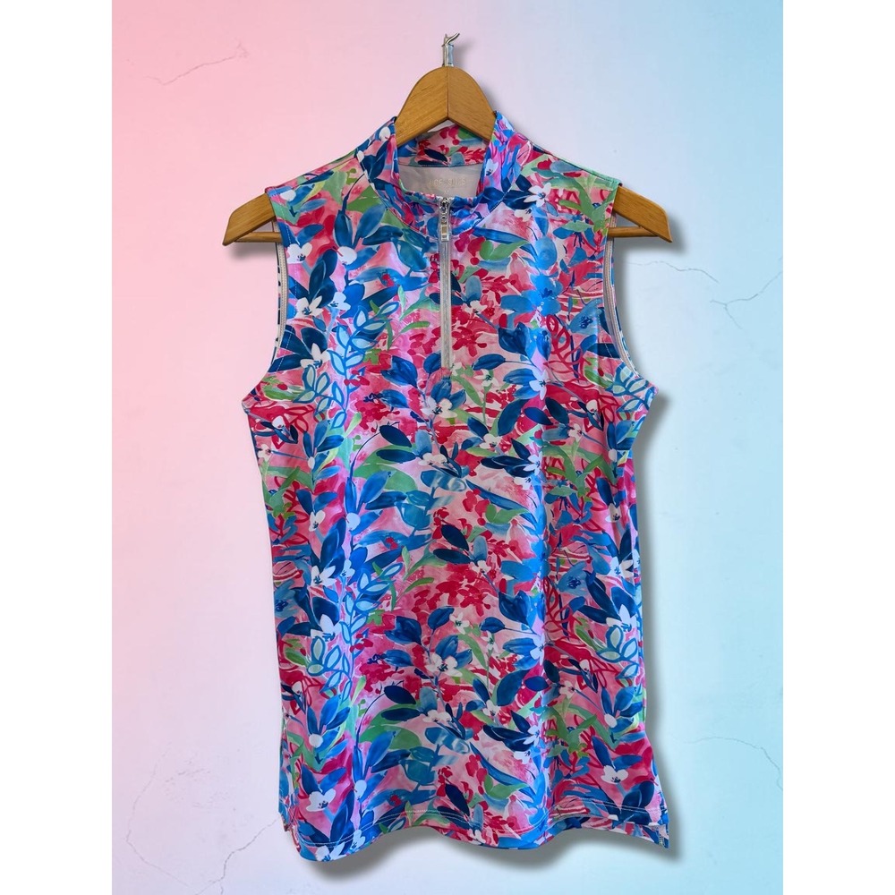 Acegolfs Womens Floral Sleeveless Golf/Sport Shirt 1/4 Zip UPF50+ Size M NWOT